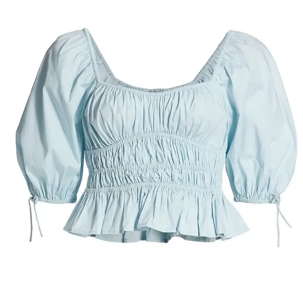 STAUD Blouse Light Blue Faye Gathered Puff-Sleeve Cotton Stretch New